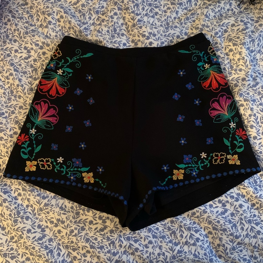floral embroidered black high waisted shorts